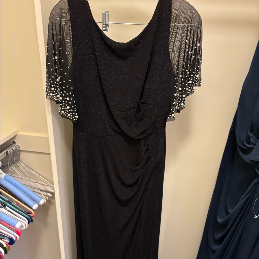Elegant Black Dress with Pearl/ Beaded Chiffon Sleeves